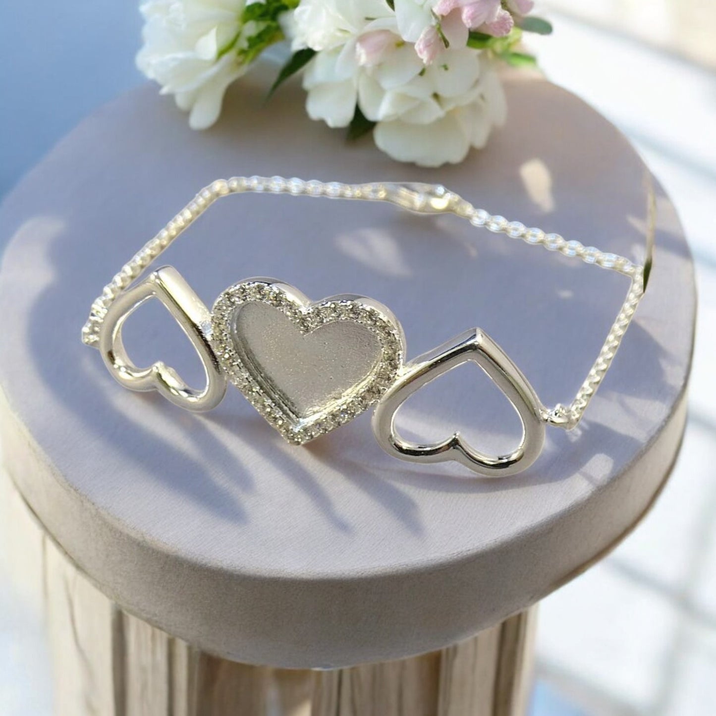 Solid Silver Three Heart Bracelet with cz Stones