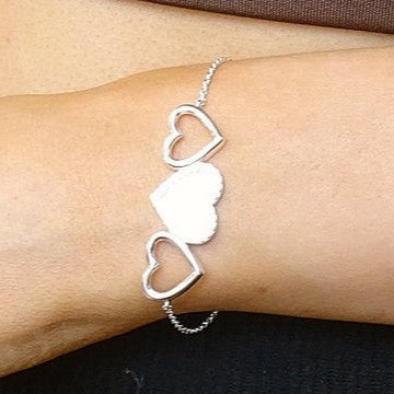 Solid Silver Three Heart Bracelet with cz Stones