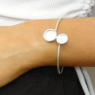 Solid 925 Silver Bangle with two round setting areas