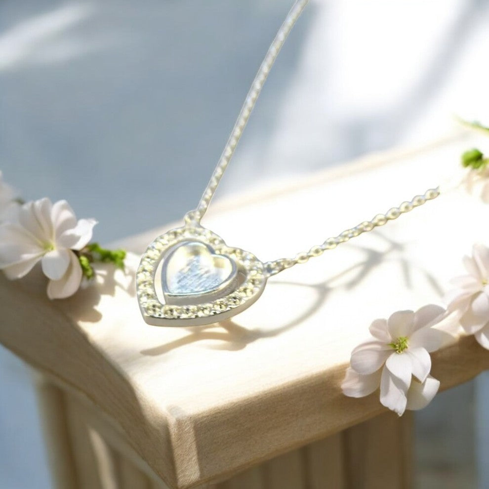 Solid Silver Double Heart Necklace With CZ