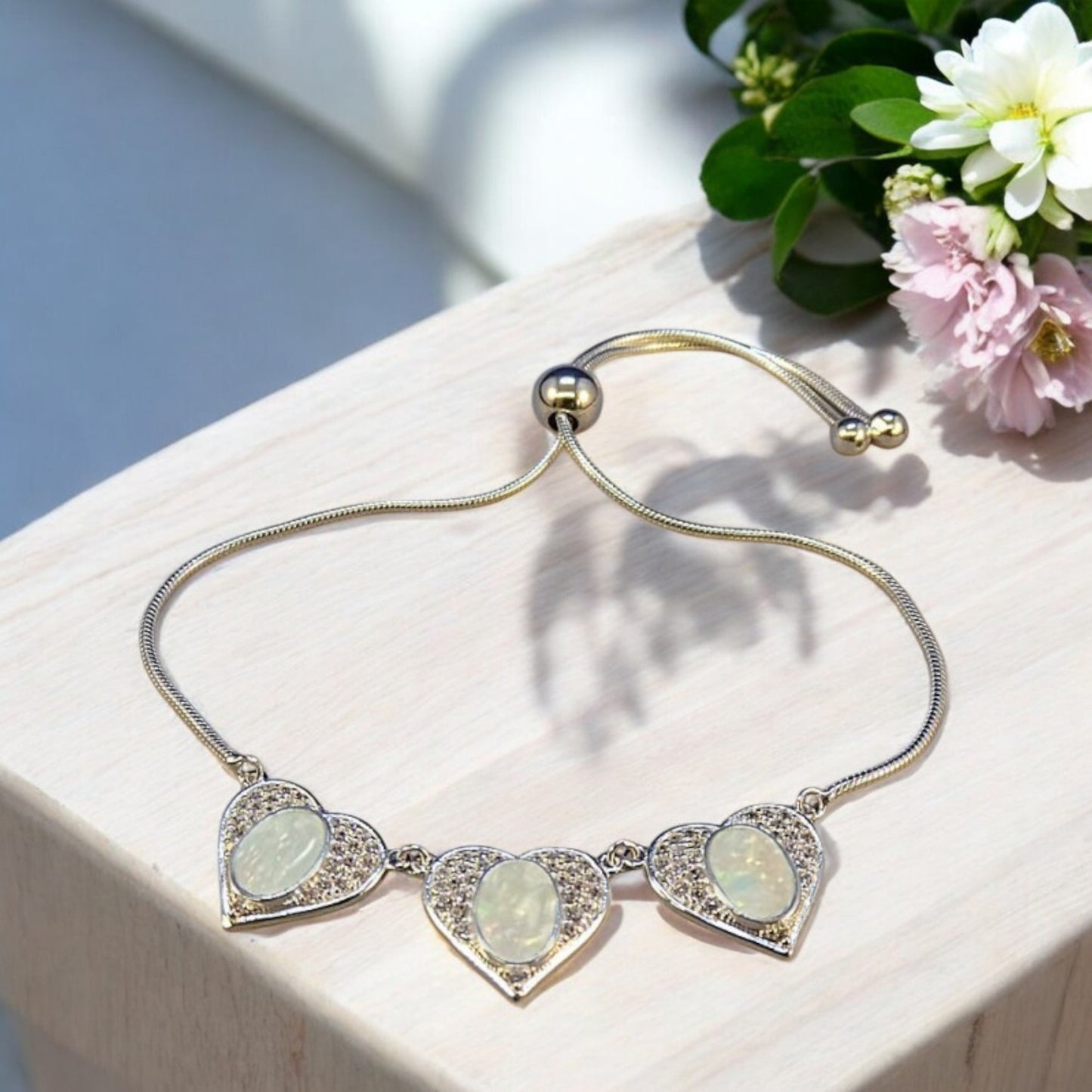 Solid 925 Silver Three Heart Bracelet