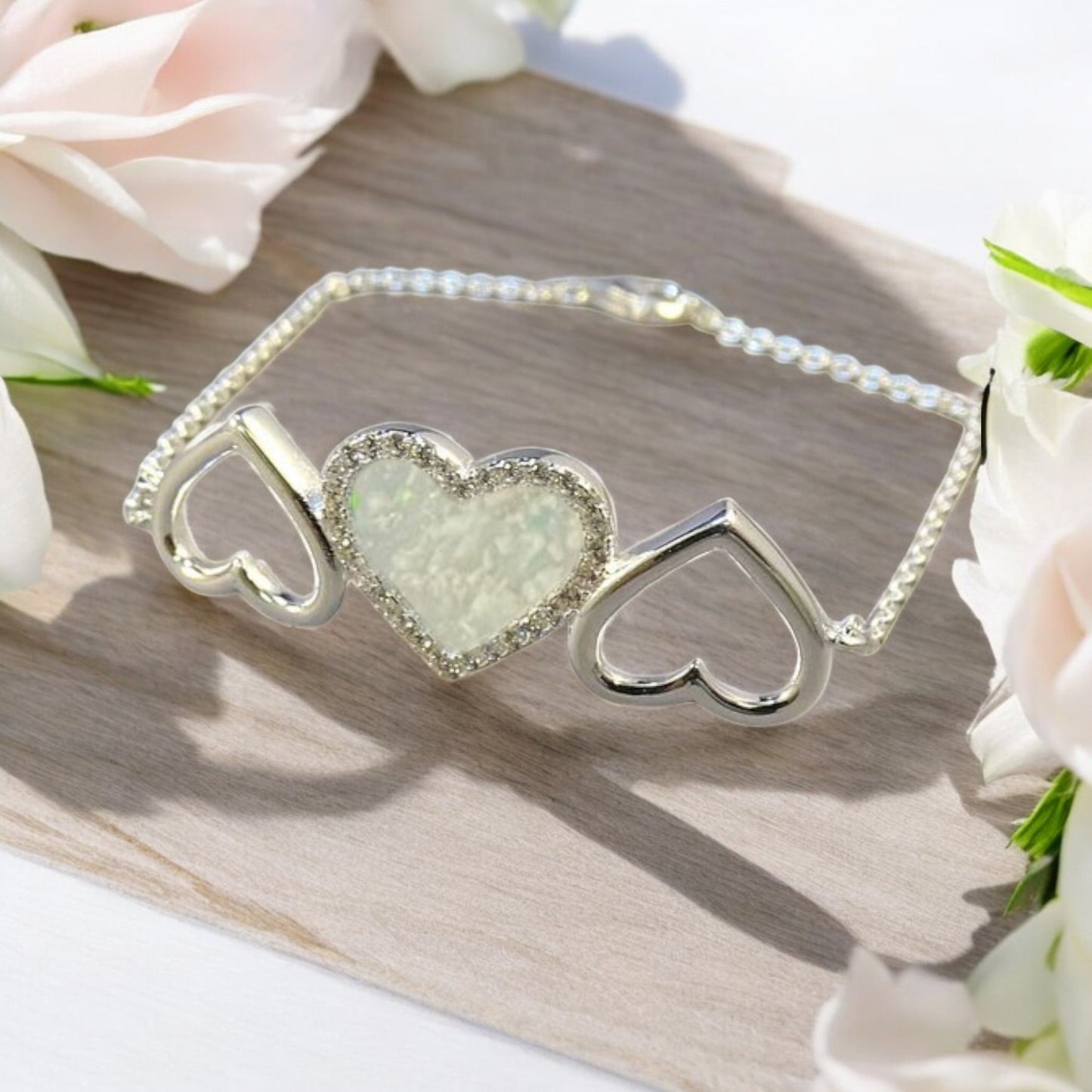 Solid Silver Three Heart Bracelet with cz Stones