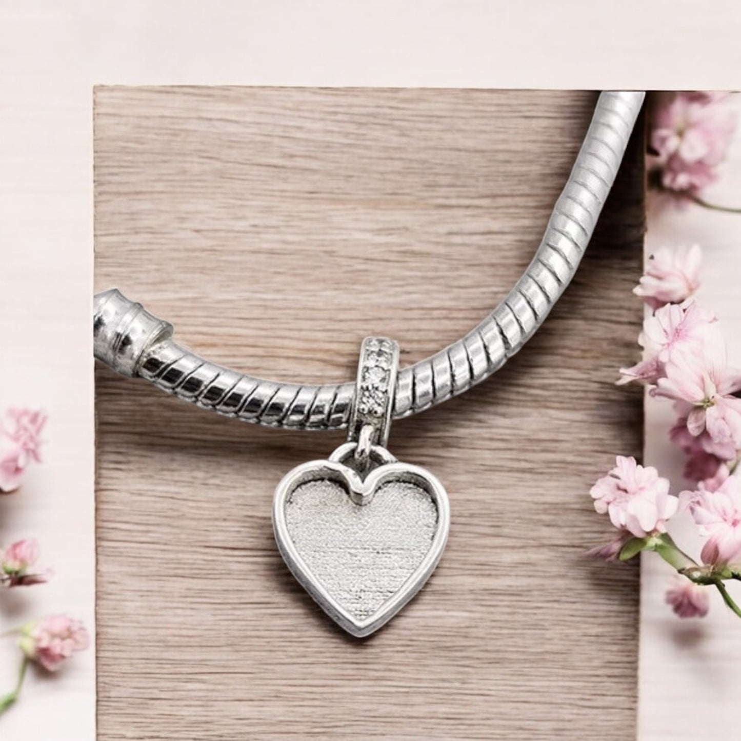Heart Dangle charm, solid silver with CZ Stones
