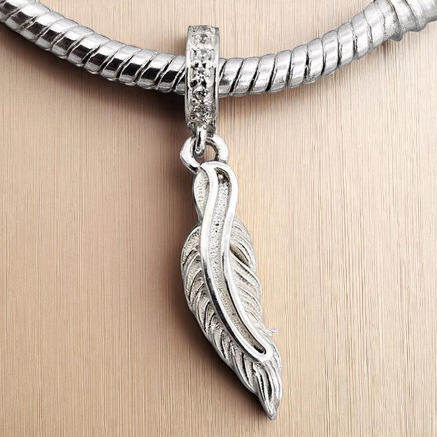 Feather CZ Dangle Bracelet Charm 925 Silver
