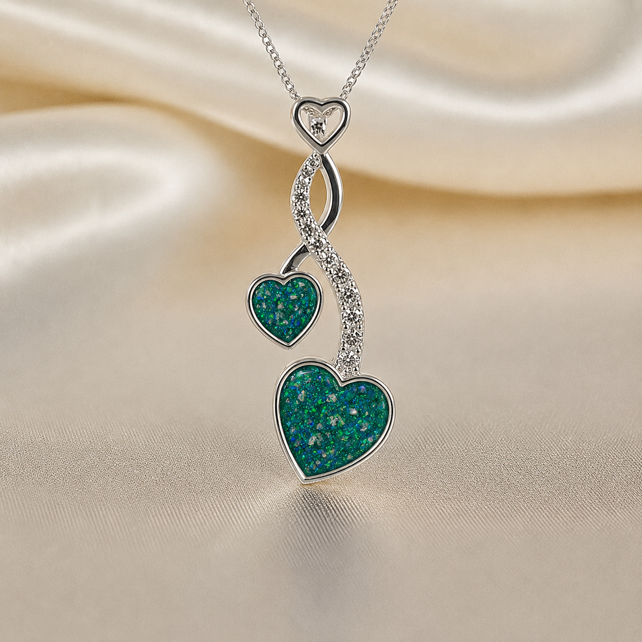 Aldera silver twin heart ashes memorial pendant in teal mist, handcrafted in Lancashire UK