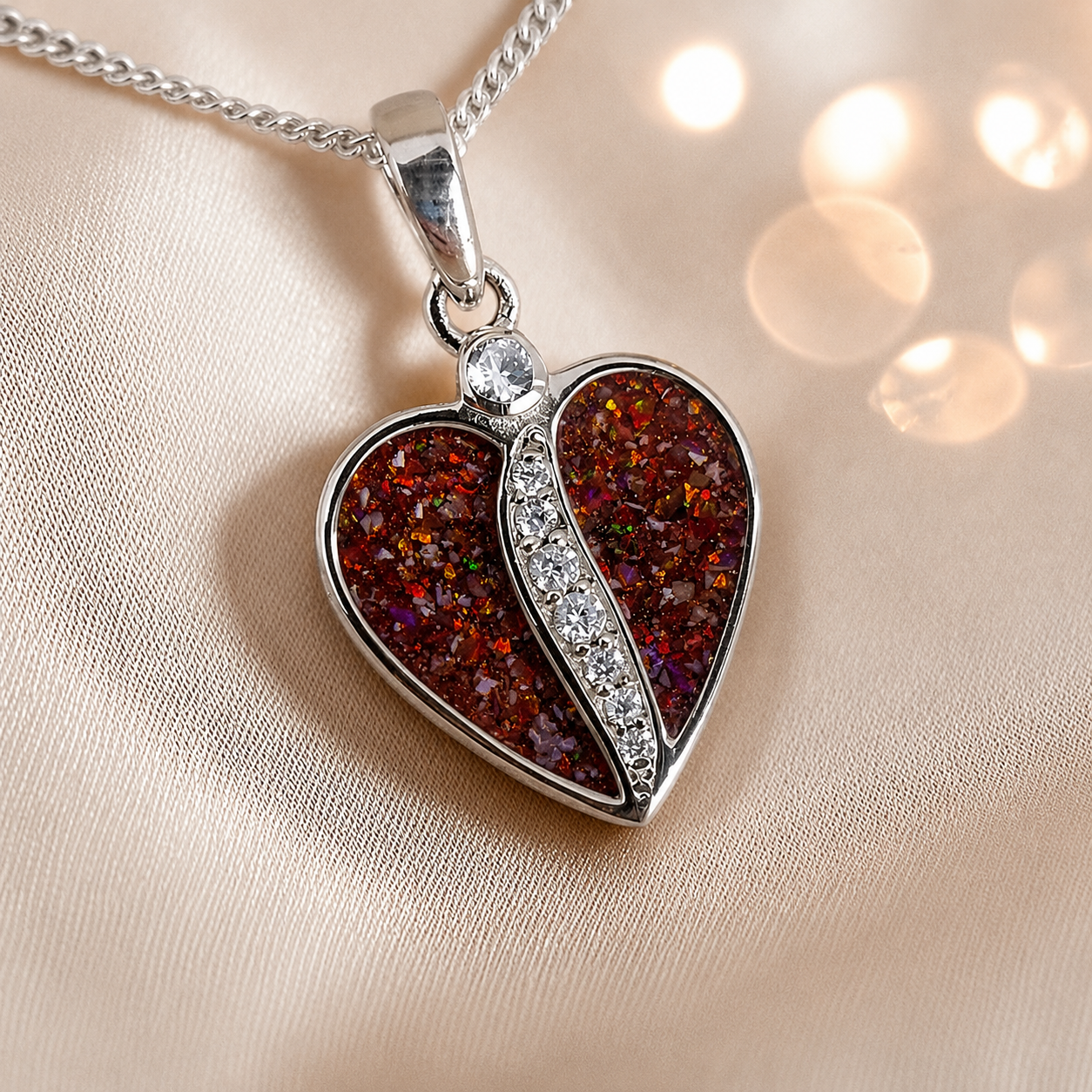 Elara Split heart shaped ashes pendant with CZ in copper mocha, handcrafted in Lancashire UK