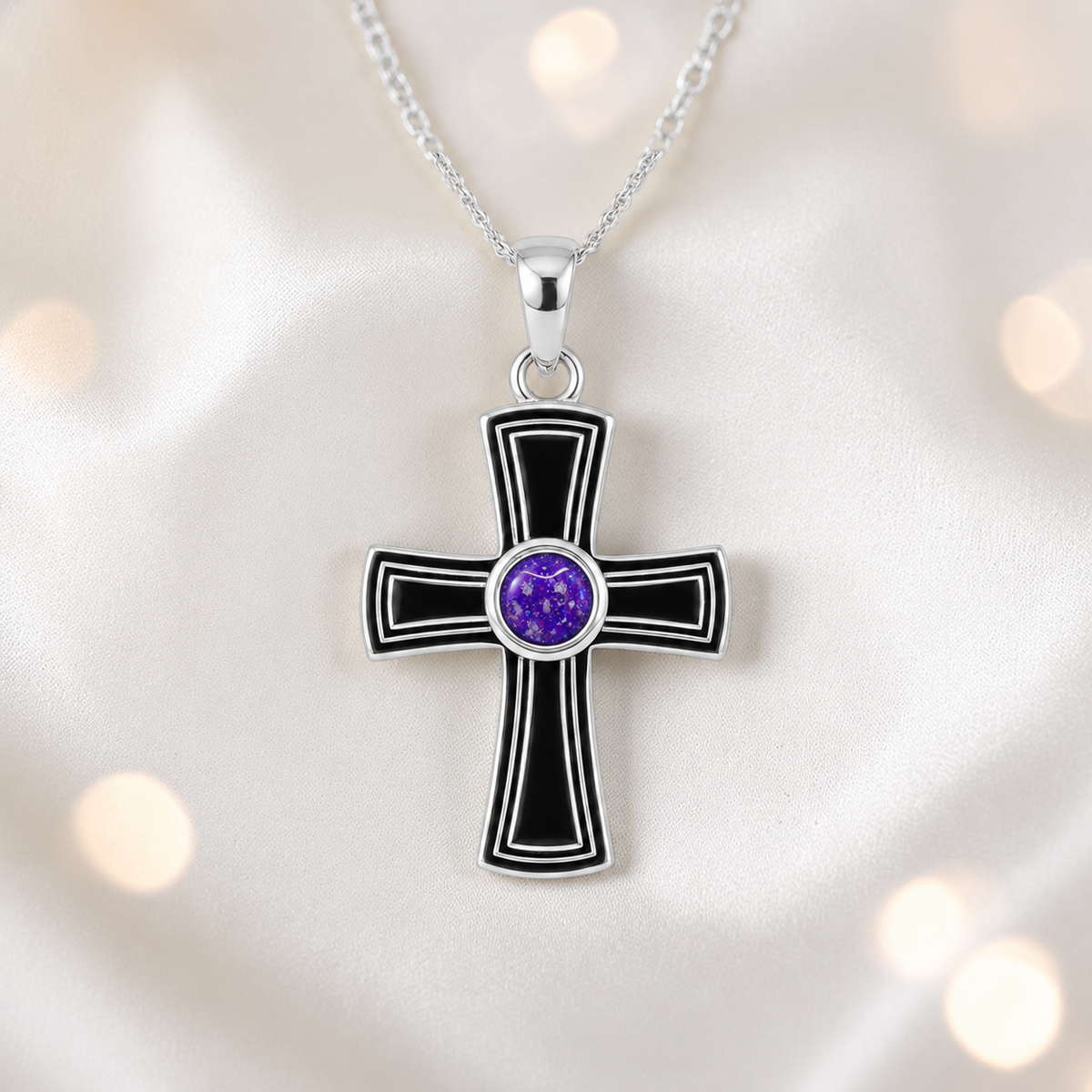 Escha sterling silver memorial cross pendant in sleepy lavender, handcrafted in Lancashire UK - by Keepsake Memorial Jewellery