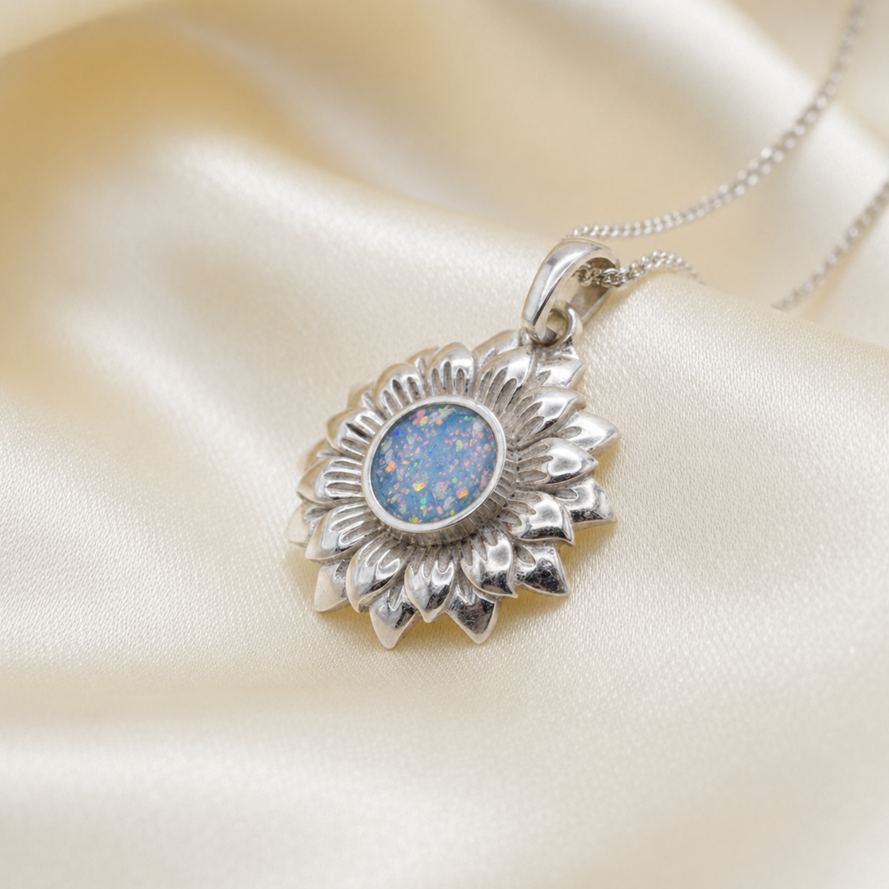 Flora sunflower silver ashes pendant in baby blue, handcrafted in Lancashire UK