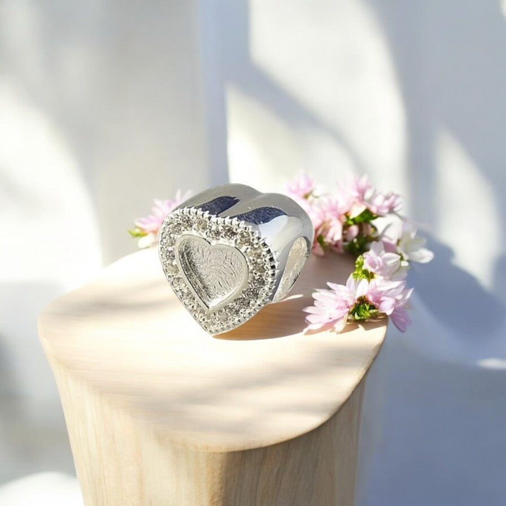 Solid 925 Silver Heart Charm with CZ stones