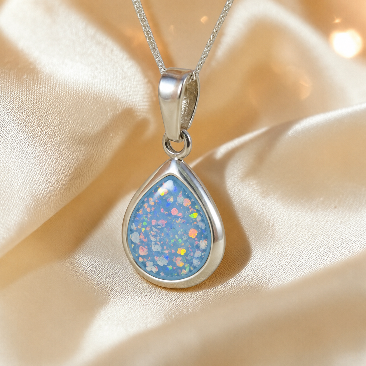 Procyon pear shaped ashes pendant in baby blue, handcrafted in Lancashire UK