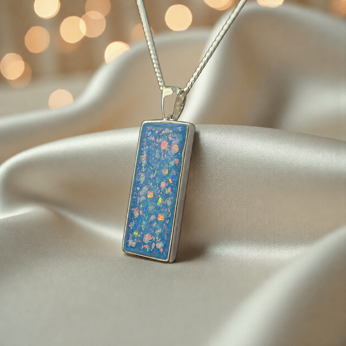 Pulse sterling silver oblong memorial pendant in baby blue, handcrafted in Lancashire UK - by Keepsake Memorial Jewellery