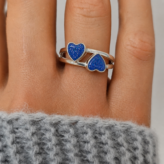 Alouette Ring — silver double heart ashes memorial ring, in royal blue, handcrafted in Lancashire, UK