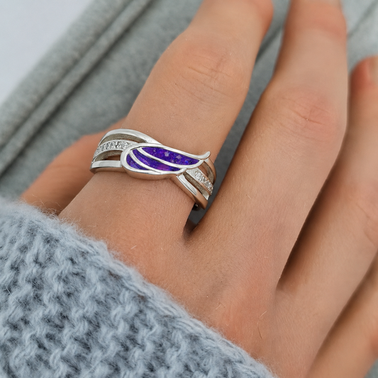 Silver Angelica ashes memorial ring in sleepy lavender, handcrafted in Lancashire, UK