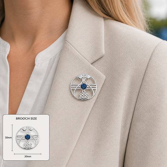 Avalon brooch - sterling silver ashes memorial brooch in sapphire glow, handcrafted in Lancashire UK - by Keepsake Memorial Jewellery