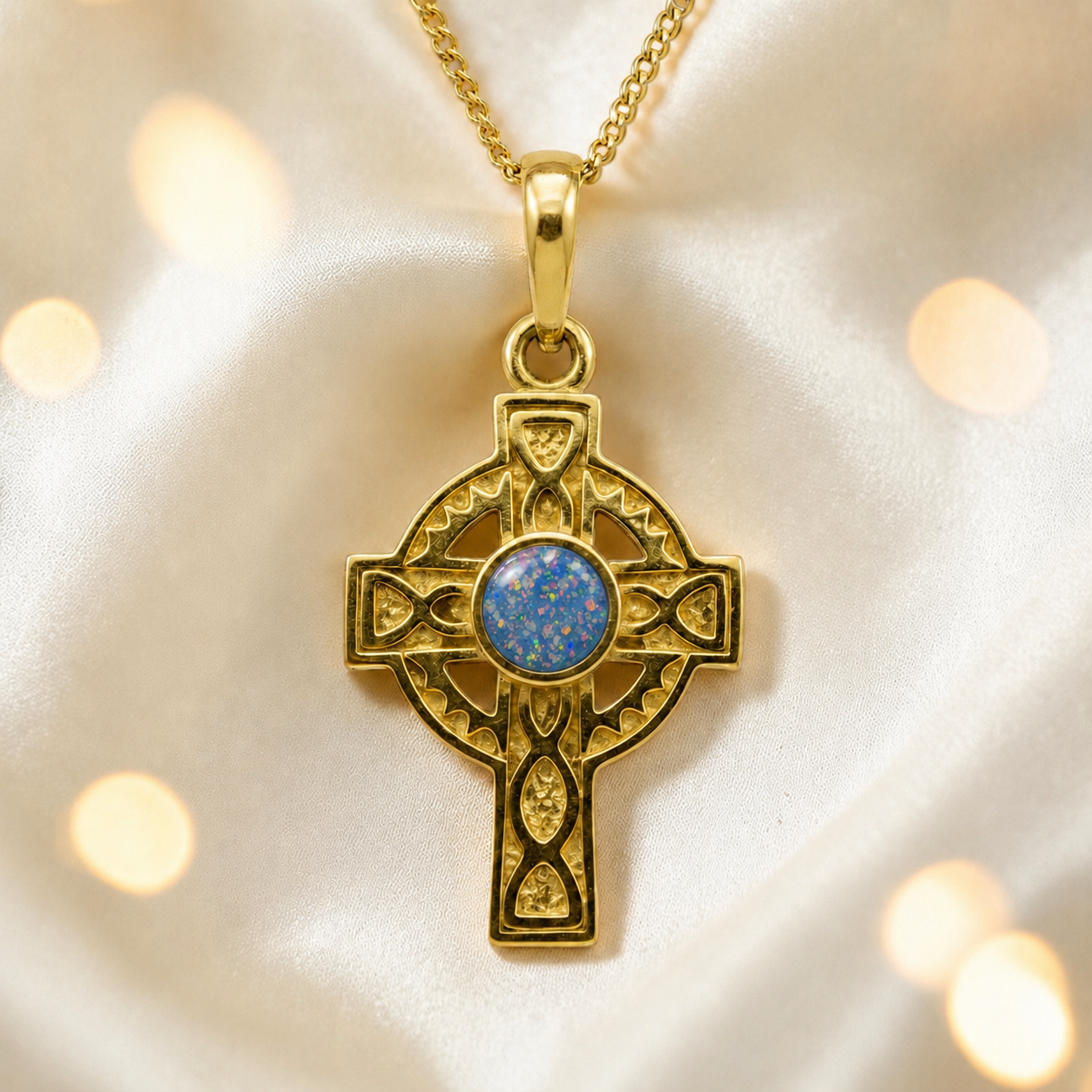 Baby blue Gael 9ct gold memorial ashes celtic style pendant, handcrafted in Lancashire, uk