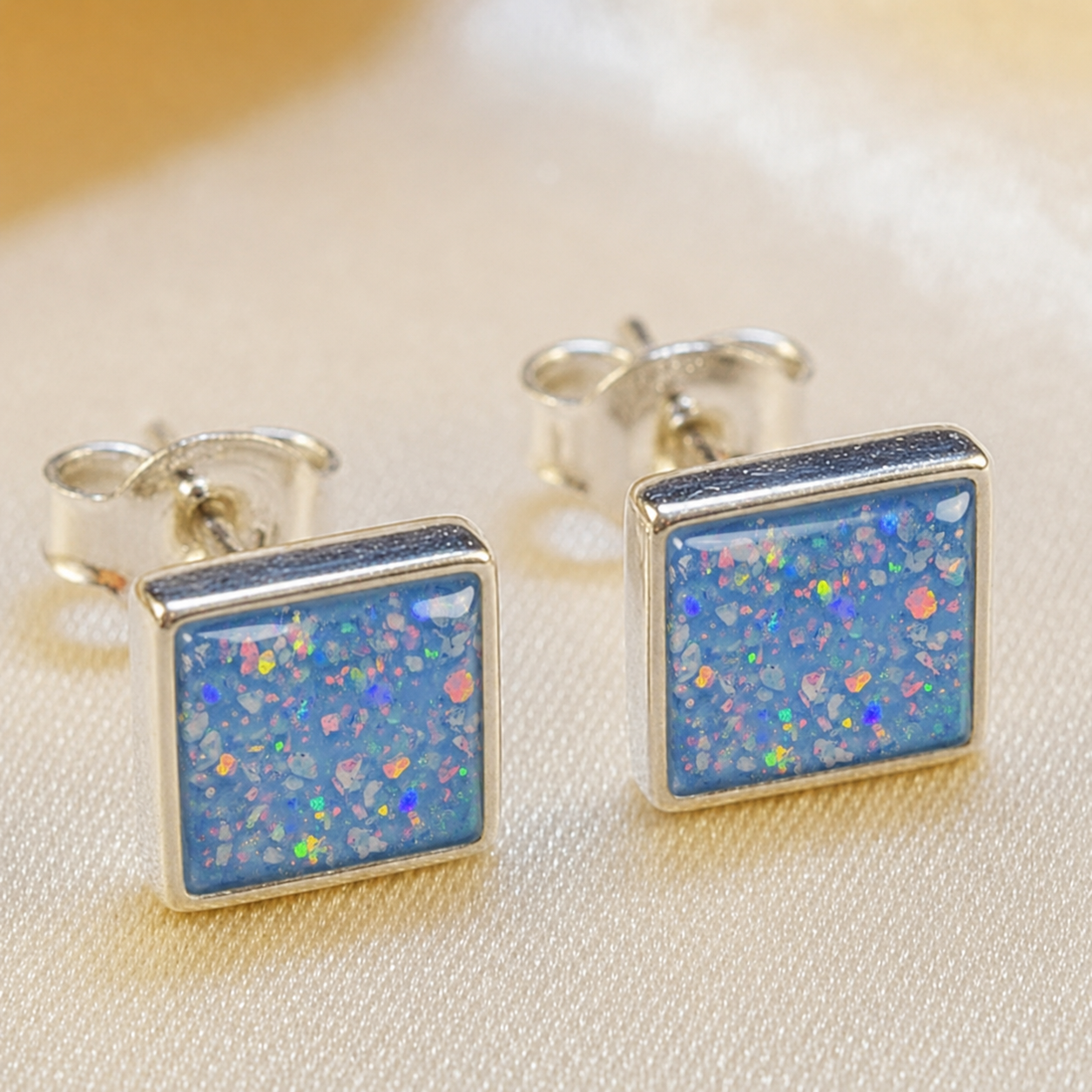 Keepsake Memorial Sterling Silver Square Stud Ashes Earrings Celeste Shine in Baby Blue - Handcrafted in the UK