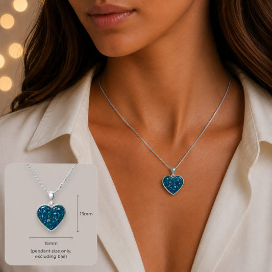 Silver Betel heart ashes memorial pendant in Teal Mist, handcrafted in Lancashire UK