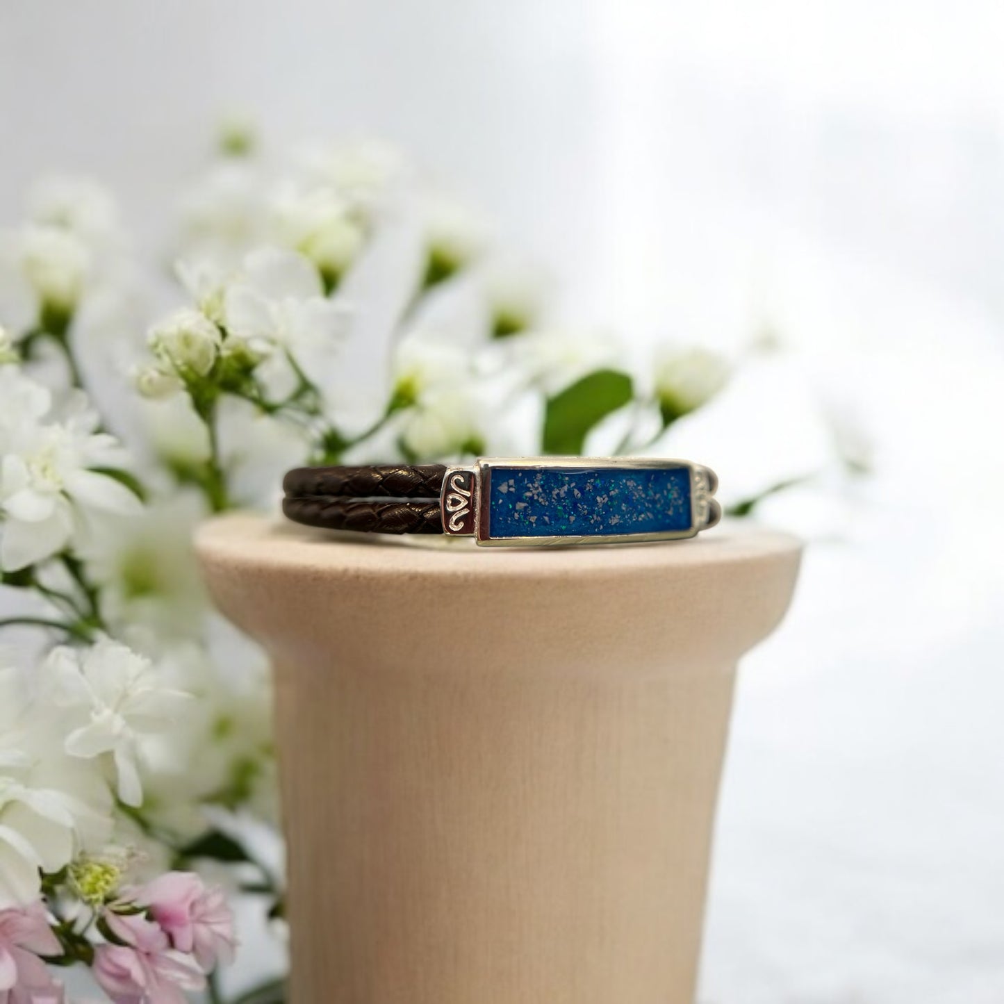 Solid Silver Gents Bracelet With Brown Leather Strap