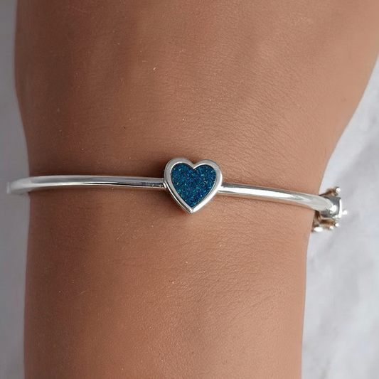 Cassia Heart Bangle third image with Marine Blue opal