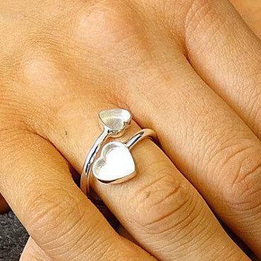 Solid 925 silver adjustable Double Heart ring