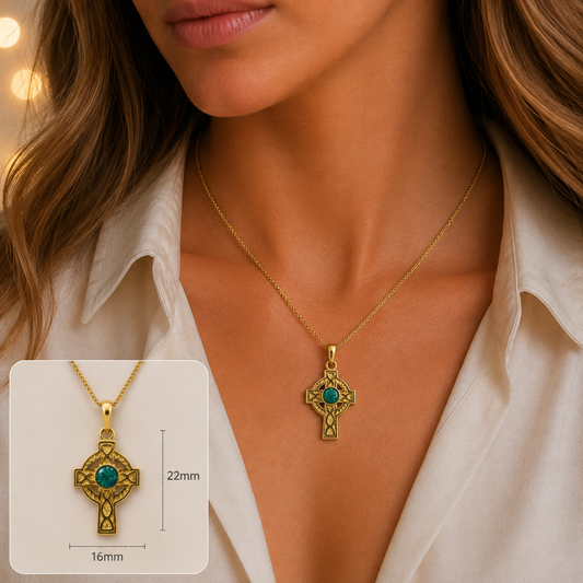 Teal Mist Gael Cross 9ct gold pendant, handcrafted in Lancashire UK β by Keepsake Memorial Jewellery