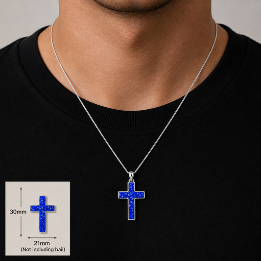 Royal Blue Halo sterling silver cross memorial pendant, 30mm, handcrafted in Lancashire UK by Keepsake Memorial Jewellery