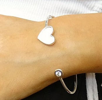 Solid Silver Heart Bangle with CZ Stone