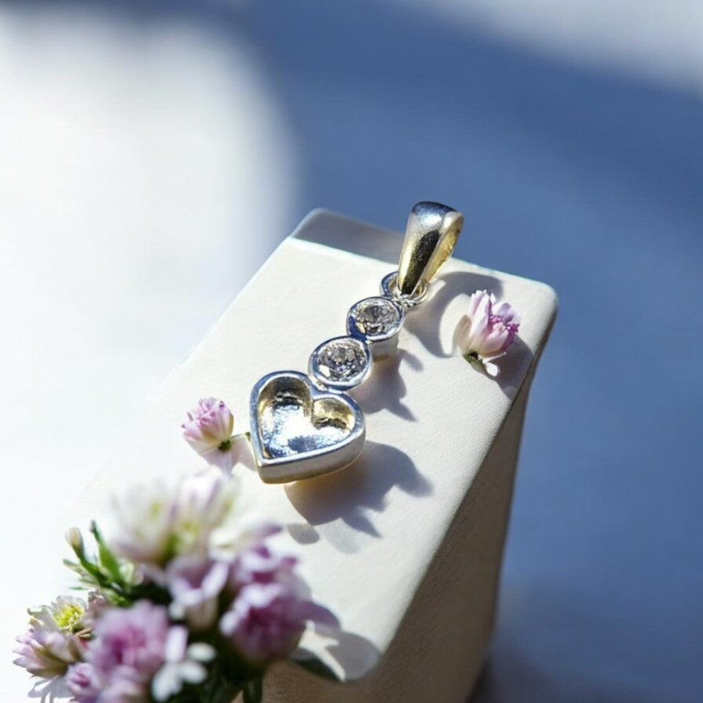 Small Silver Heart And Cz Drop Pendant