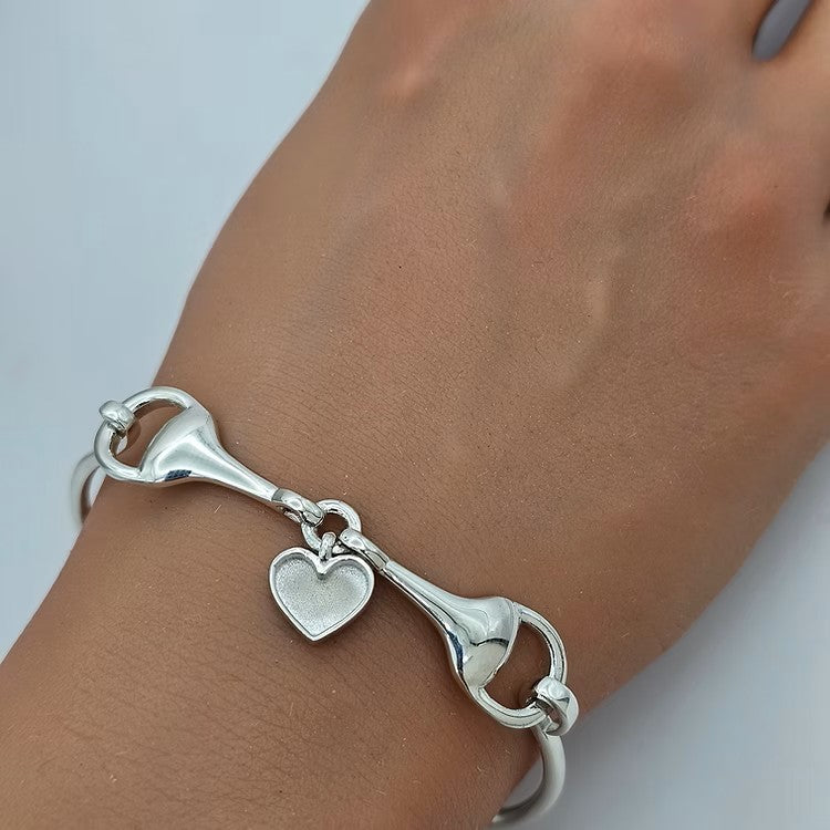 Horse Bit Heart Charm Solid Silver Hook Clasp Bangle