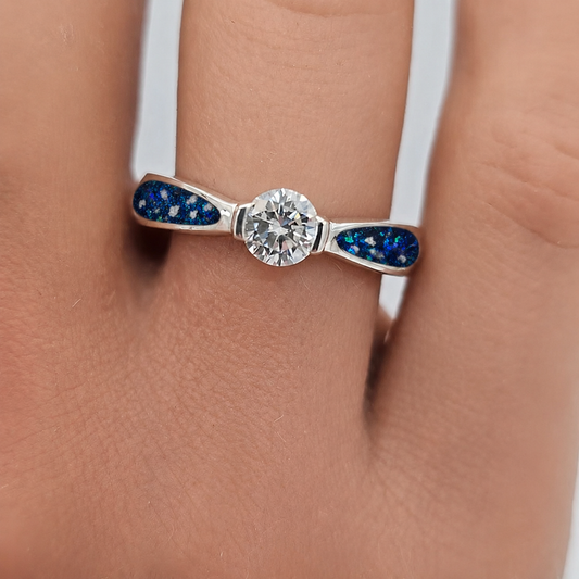 Keepsake Memorial Silver Lumina Ashes Ring in Sapphire Glow - Handcrafted in the UK