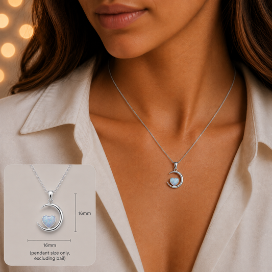 Aveline heart moon ashes pendant in white snow, handcrafted in Lancashire UK
