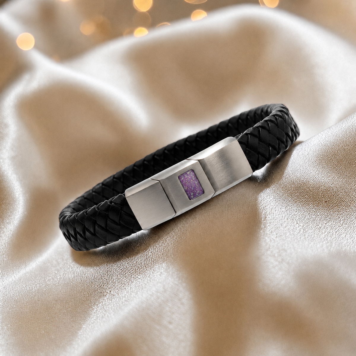 Rose pink Forge men's stainless steel and leather memorial bracelet , handcrafted in Lancashire UK by Keepsake Memorial Jewellery