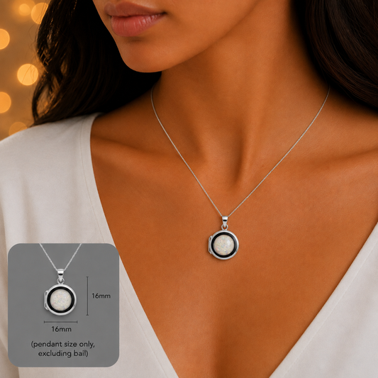 Electra round memorial locket in sterling silver, shown here in white snow, handcrafted in Lancashire UK - by Keepsake Memorial Jewellery