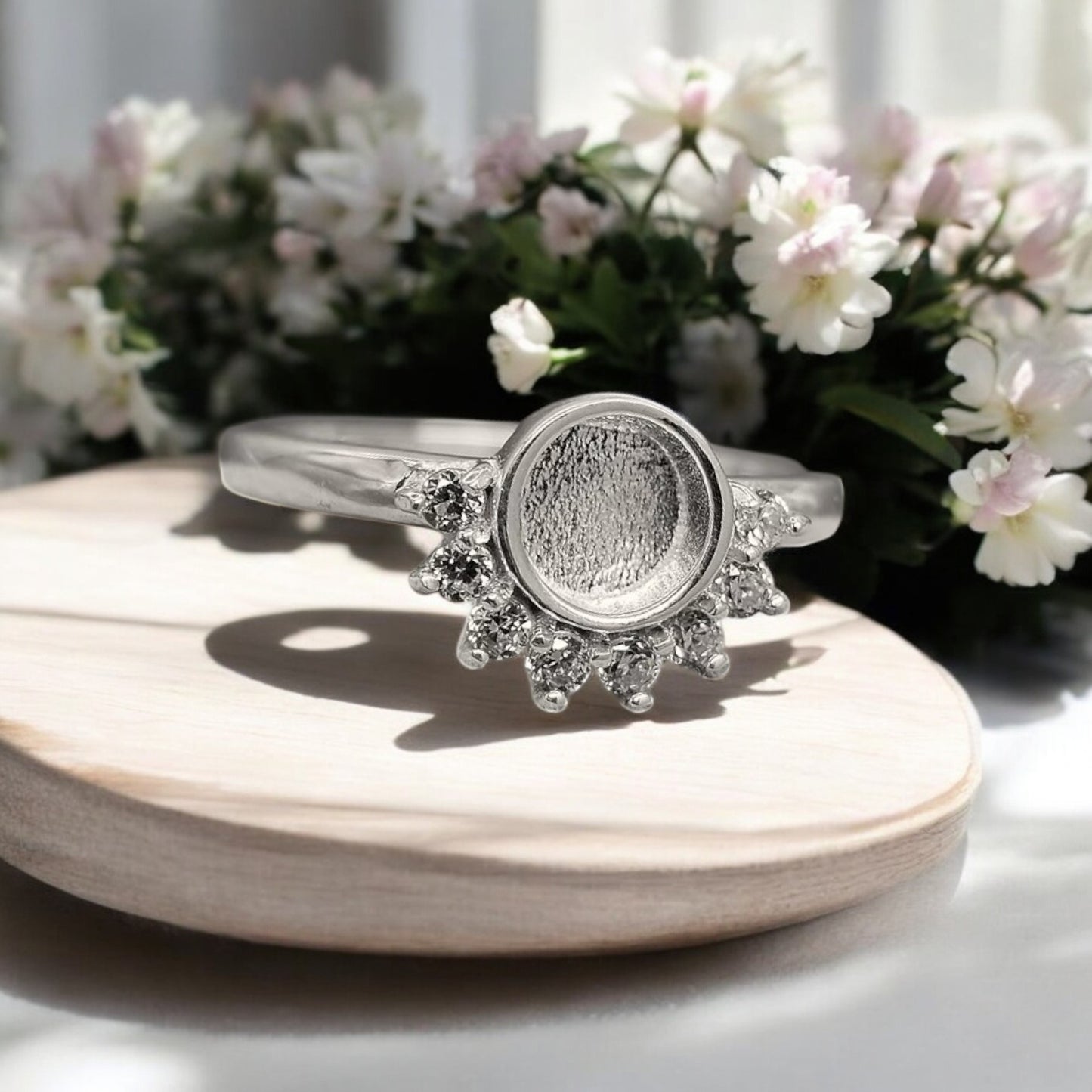Round Silver Ring with Half CZ Stones
