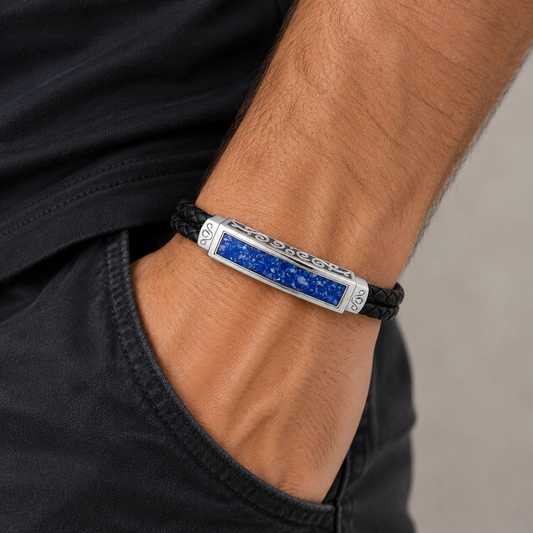 Royal Blue Sentinel men's sterling silver and leather memorial bracelet , handcrafted in Lancashire UK by Keepsake Memorial Jewellery