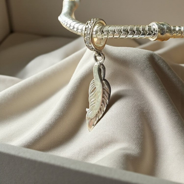 Silver feather dangle memorial charm, handcrafted in Lancashire, UK