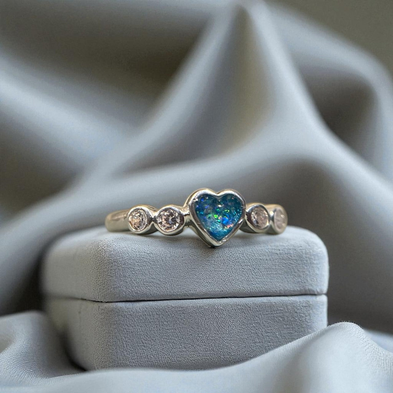 Silver crystal heart memorial ring, handcrafted in Lancashire, UK