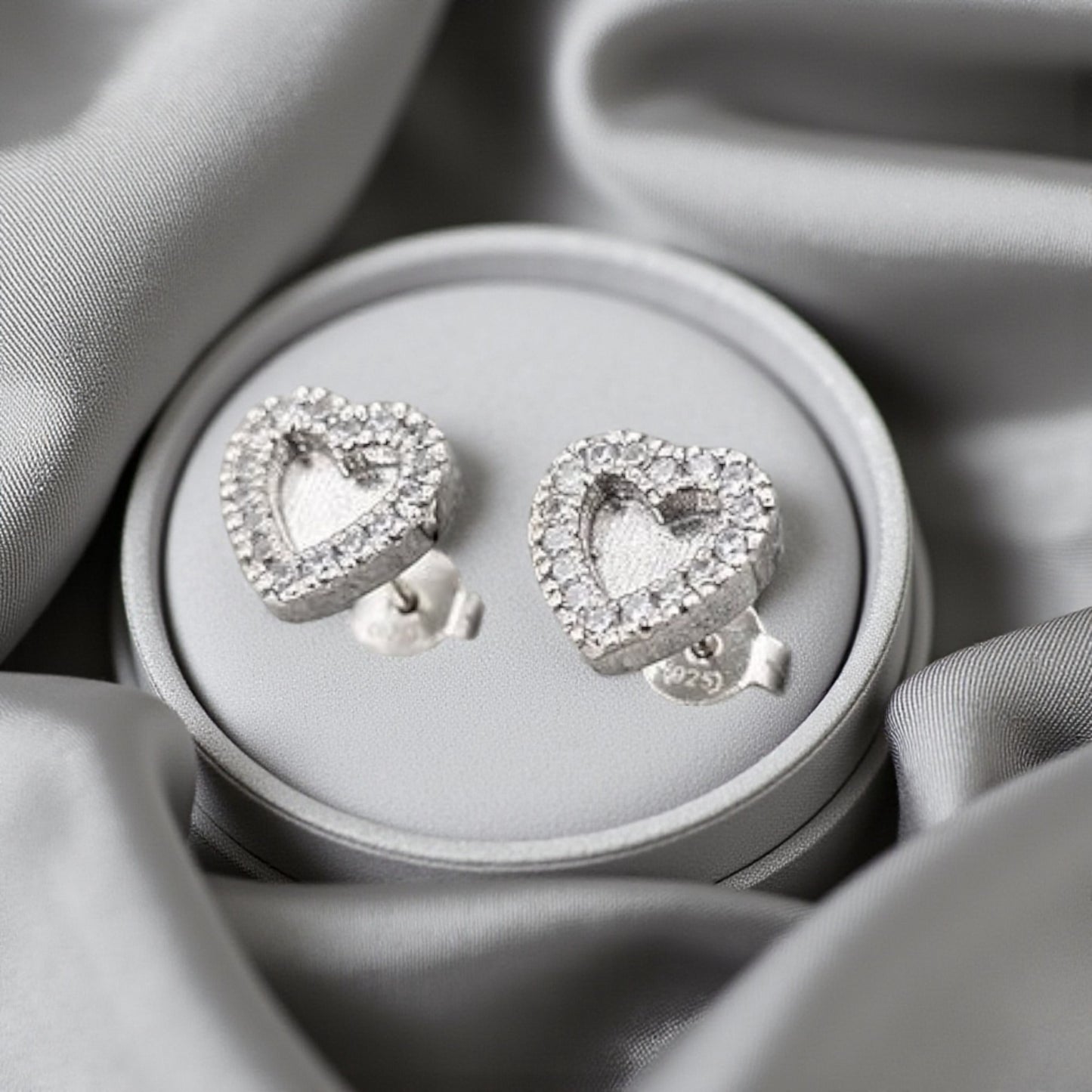 Silver crystal heart stud earrings, handcrafted in Lancashire, UK