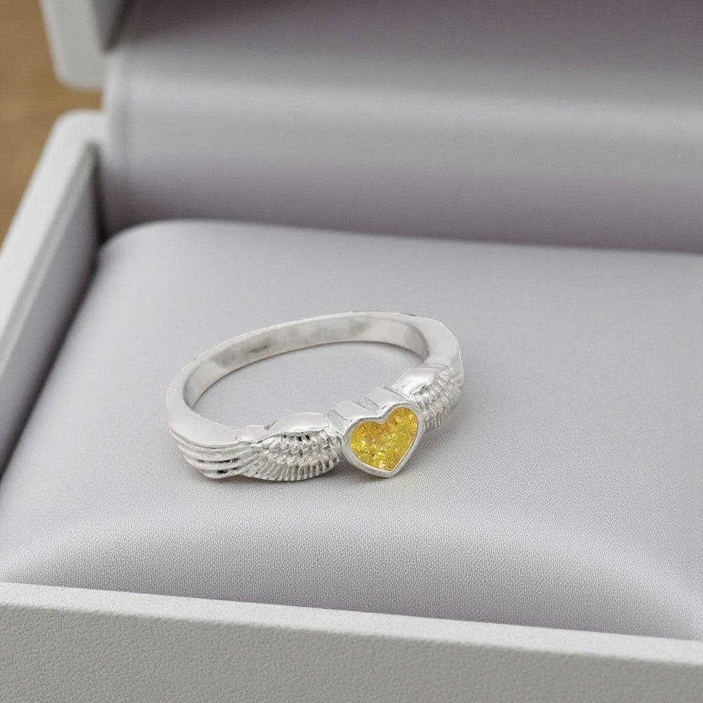 Silver winged heart ashes ring, handcrafted in Lancashire, UK