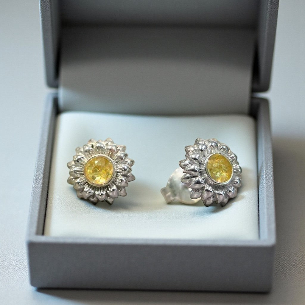 Silver sunflower ashes jewellery, handcrafted in Lancashire, UK