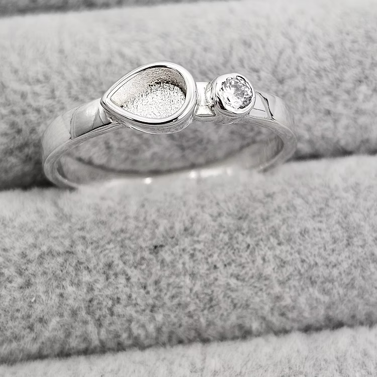 Silver teardrop with crystal keepsake ring, handcrafted in Lancashire, UK