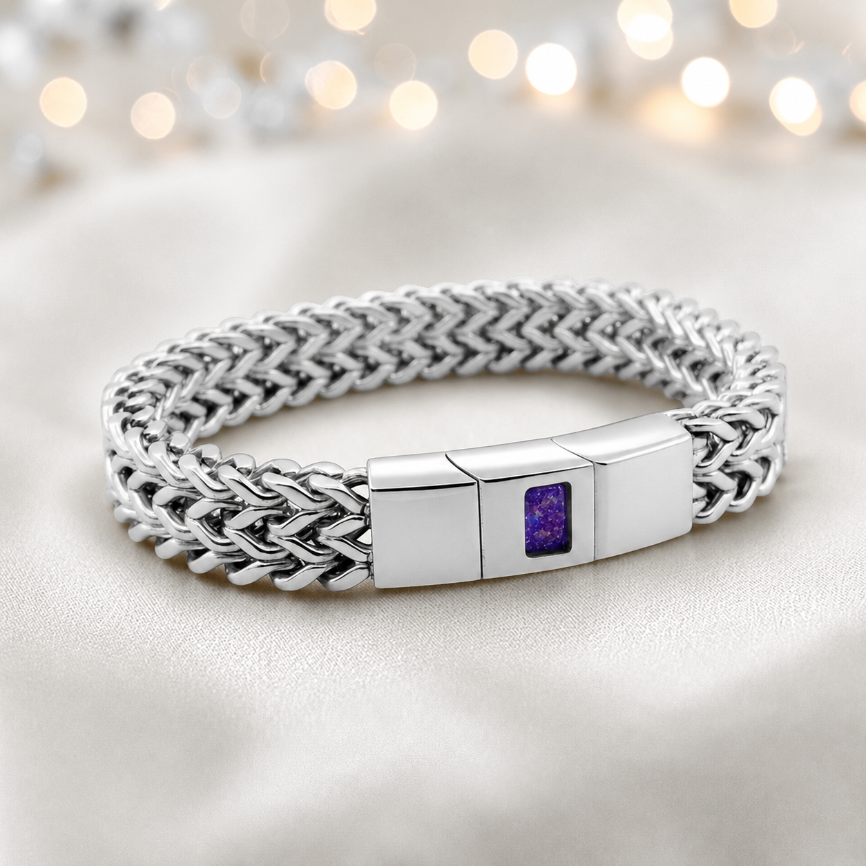 Sleepy lavender Heritage men's stainless steel memorial bracelet , handcrafted in Lancashire UK by Keepsake Memorial Jewellery