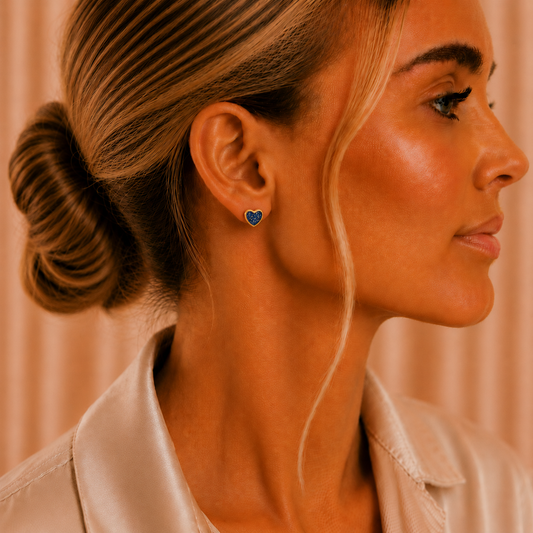 Sapphire Glow Eve 9ct gold heart earrings, handcrafted in Lancashire, UK – by Keepsake Memorial Jewellery