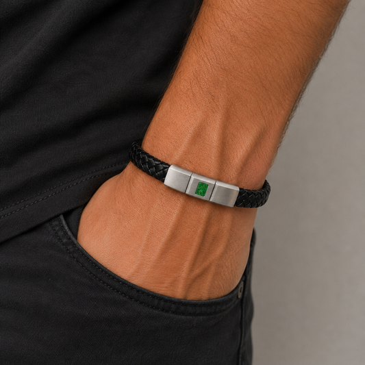 Fruit green Forge men's stainless steel and leather memorial bracelet , handcrafted in Lancashire UK by Keepsake Memorial Jewellery
