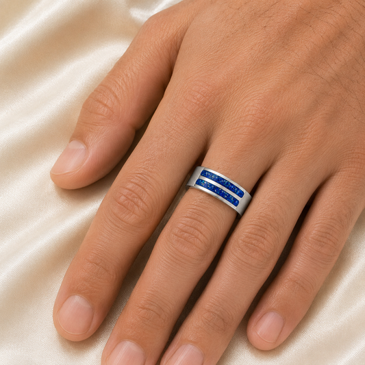 Strata men's sterling silver double channel memorial ring, wide comfort-fit band, handcrafted in Lancashire UK by Keepsake Memorial Jewellery