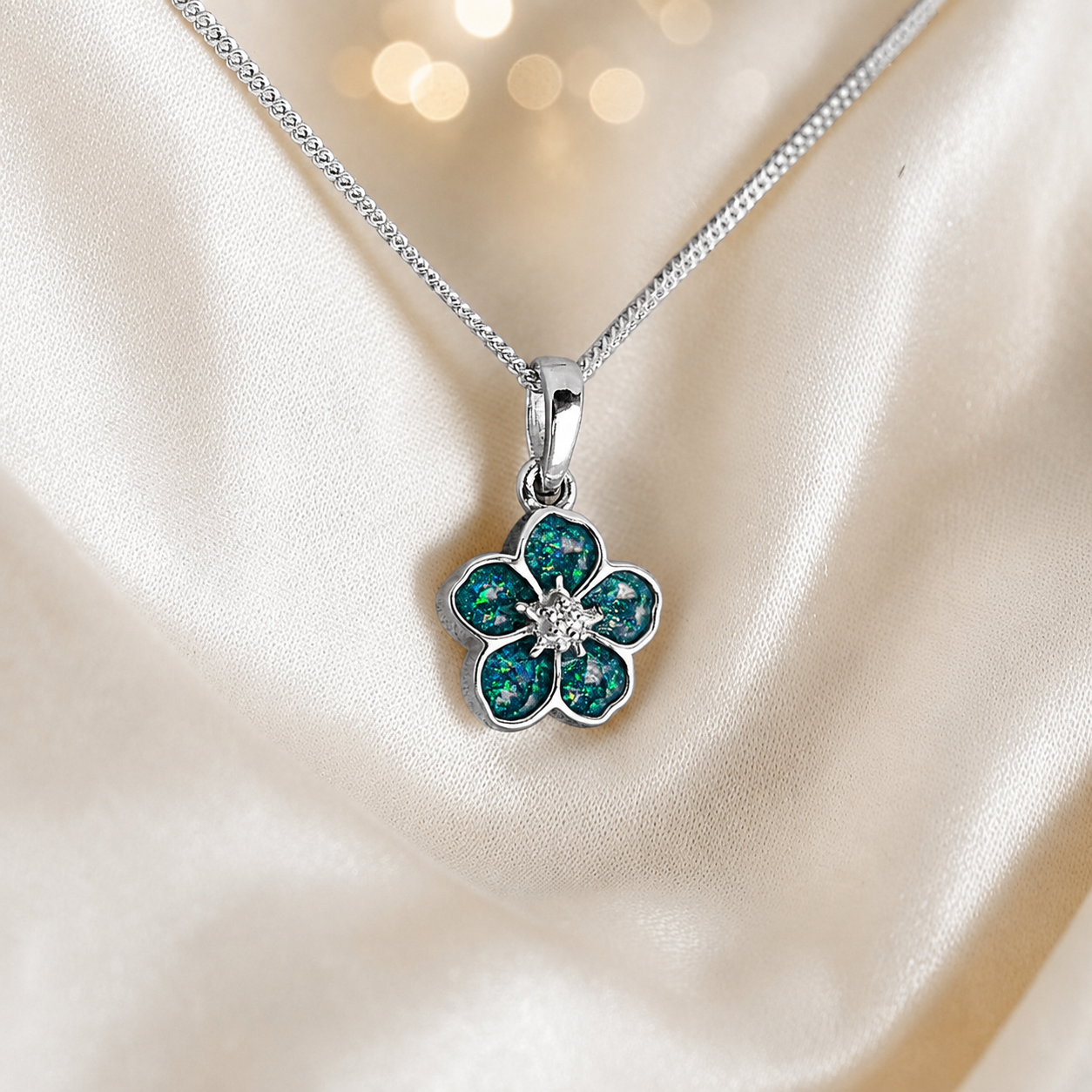 925 Sterling Silver Forget Me Not Memorial Pendant in Teal Mist - Keepsake Memorial Jewellery