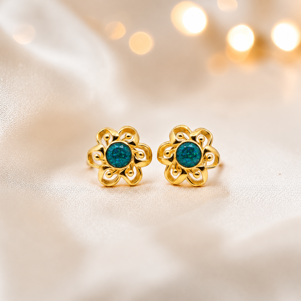 Teal Mist Freya 9ct gold flower earrings, handcrafted in Lancashire, UK – by Keepsake Memorial Jewellery