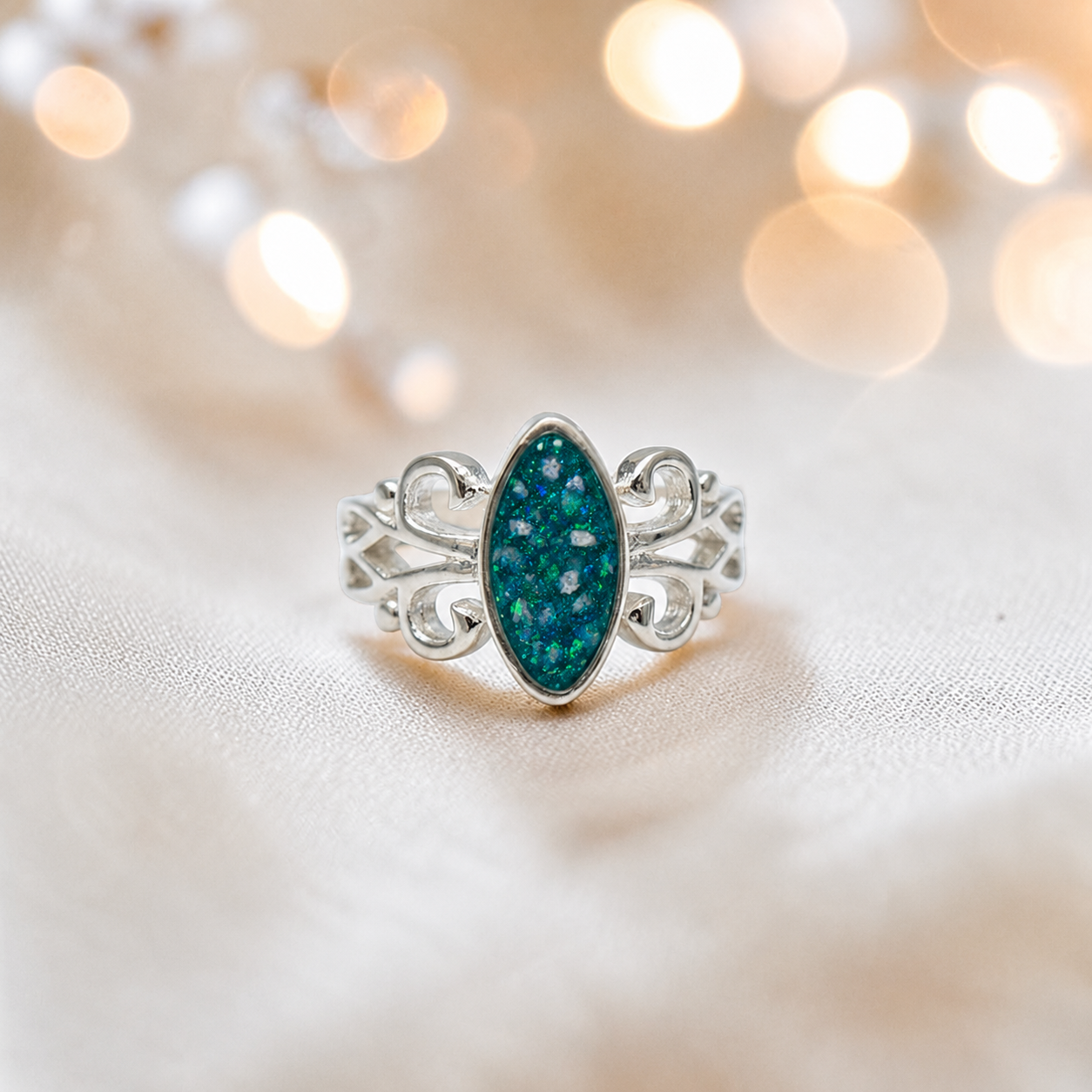 Keepsake Memorial Silver Willow Ashes Ring in Teal Mist - Handcrafted in the UK