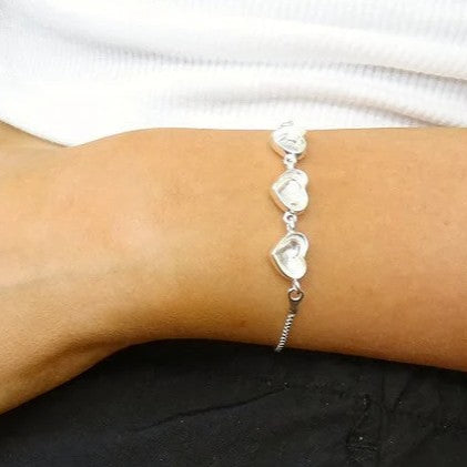 Solid 925 Silver Adjustable Three Stone Heart Bracelet
