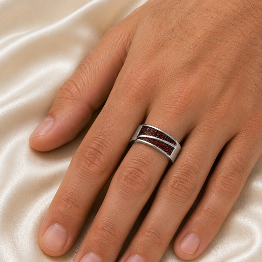 Two Paths men's sterling silver split channel memorial band ring, handcrafted in Lancashire UK by Keepsake Memorial Jewellery
